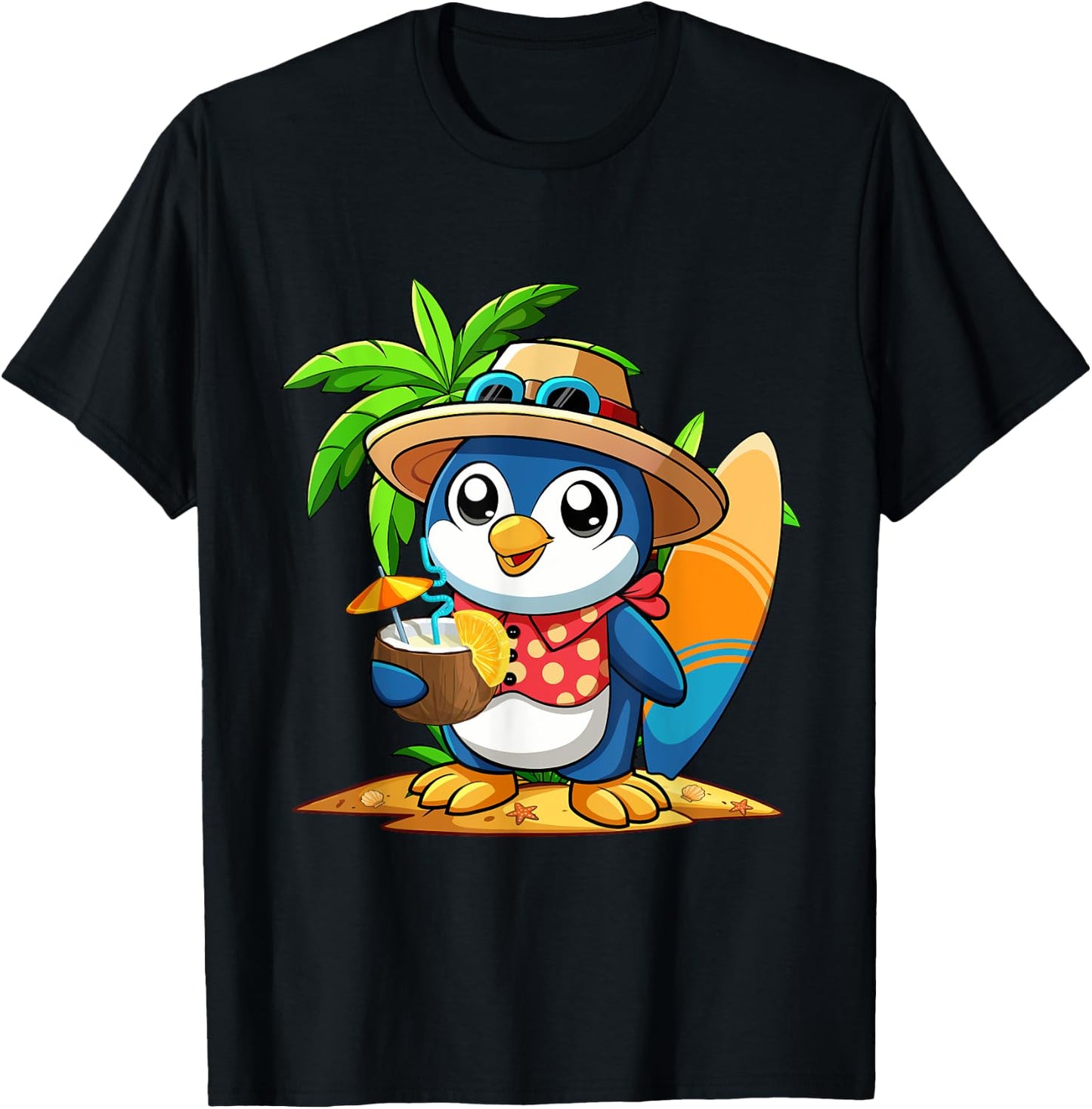 Cute Penguin Drinking Coconut Hawaiian Summer Vacation Men Women Kids T-Shirt - T-Shirt | Black