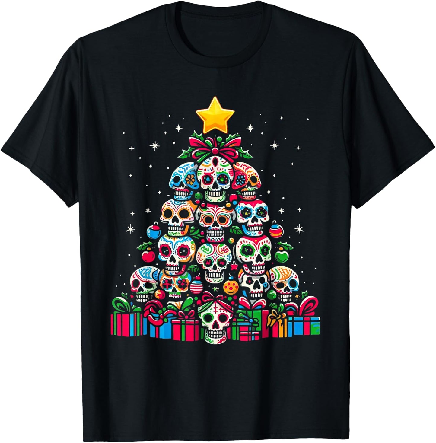 Skull Christmas Tree Funny Mexican Flower Sugar Skull Xmas T-Shirt - T-Shirt | Black
