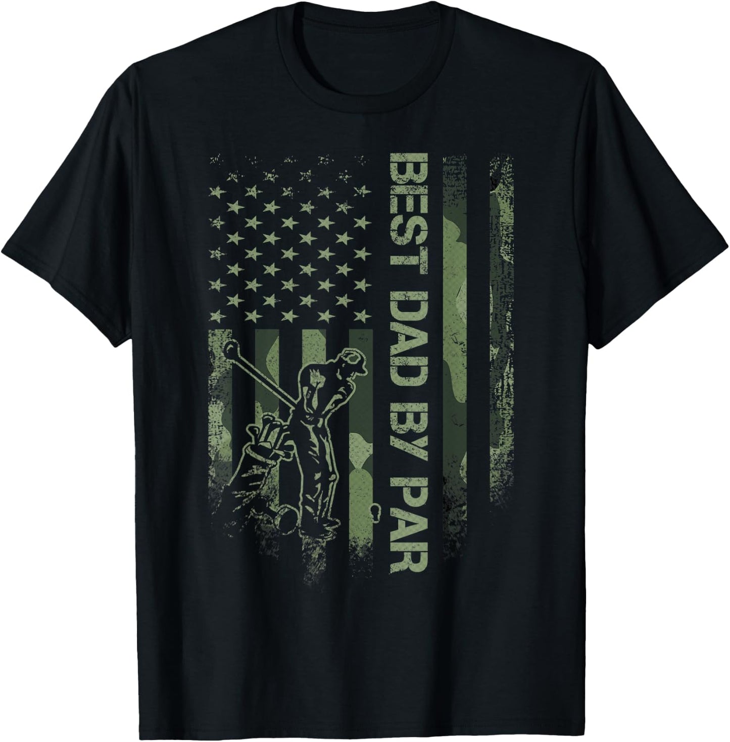 Vintage American Camo Flag Best Dad By Par Golfer Silhouette T-Shirt - T-Shirt | Black