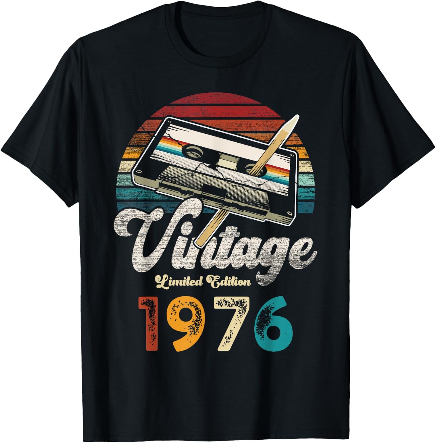 Vintage 1976 Birthday 49 Years Cassette Pencil T-Shirt - T-Shirt | Black