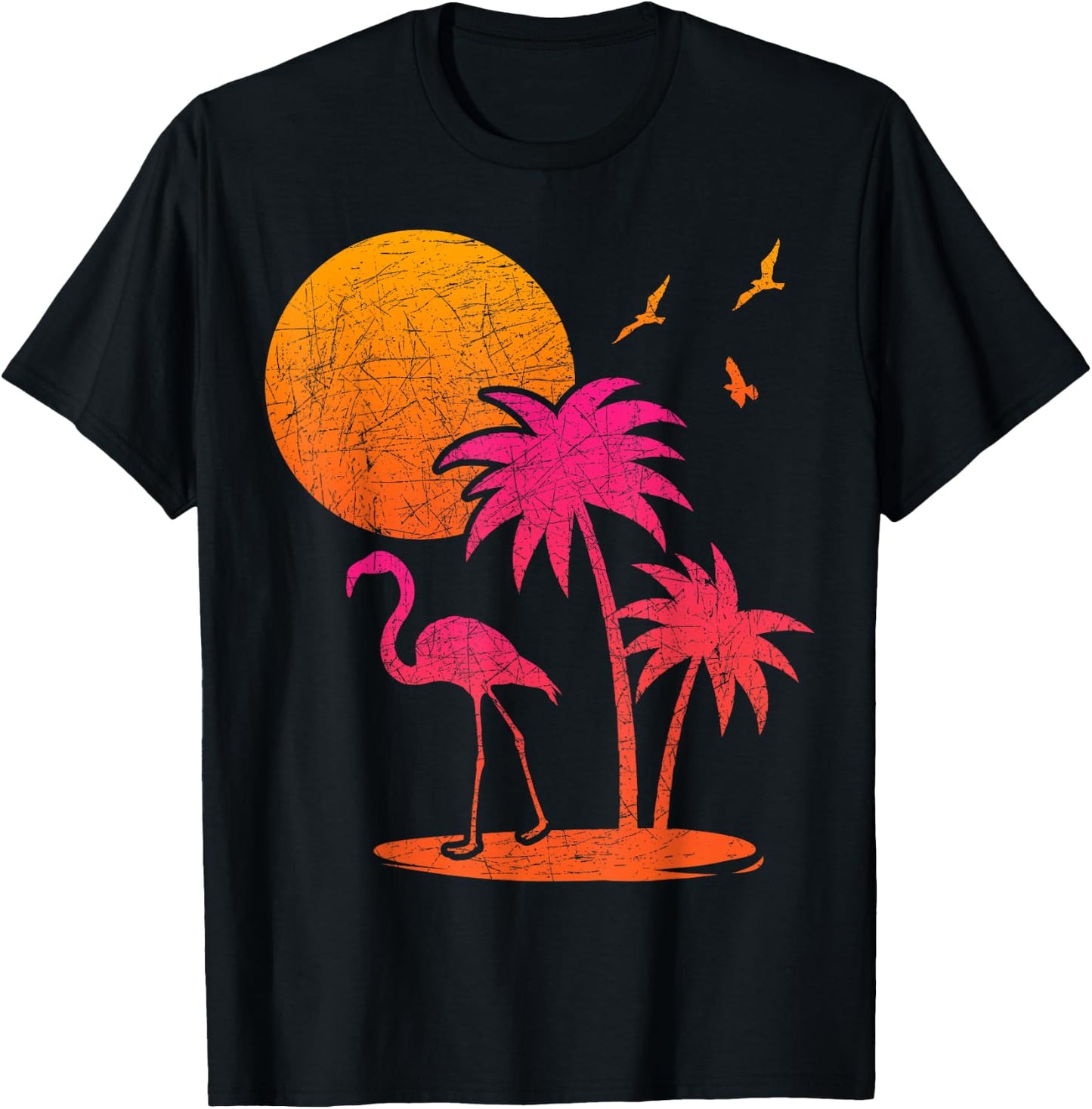 Tropical Summer Holiday Palm Trees Pink Flamingo Summer , black T-Shirt - T-Shirt | Black