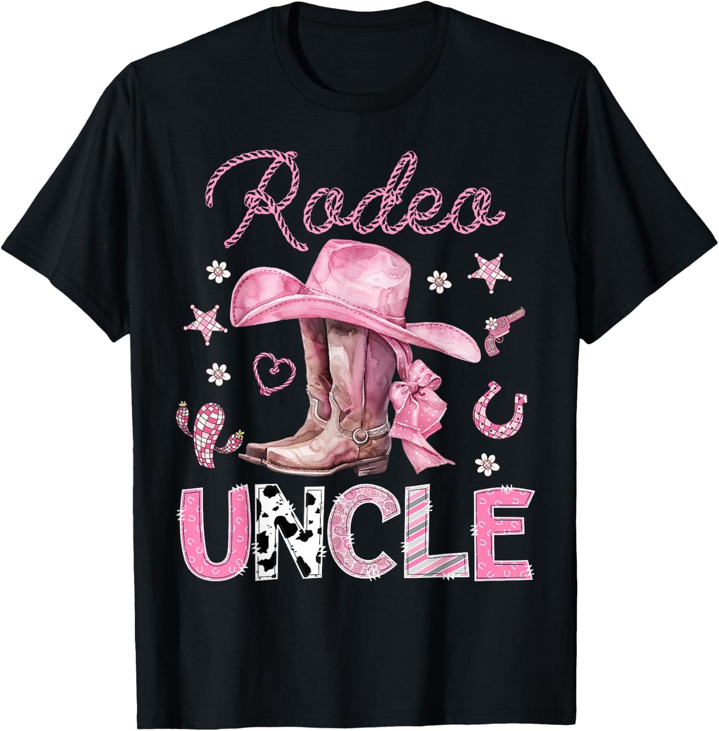 Rodeo Uncle Pink Boots Coquette CowGirl 1St Birthday T-Shirt - T-Shirt | Black
