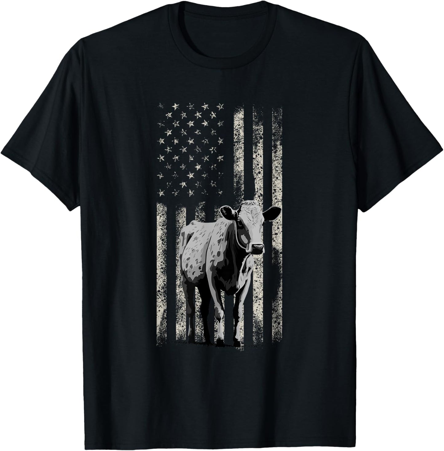 Distressed American-Flag Cow Vintage Patriotic Farmer T-Shirt - T-Shirt | Black
