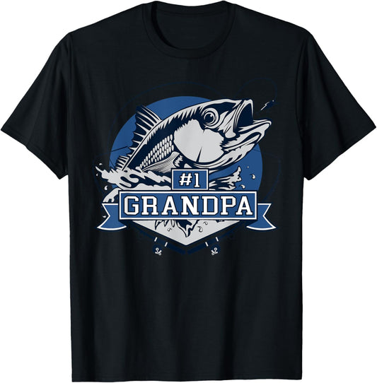 Number One Grandpa Blue Fish Caught T-Shirt - T-Shirt | Black