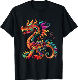 Aztec Mexican Mythology Dragon Feathered Serpent Artwork T-Shirt - T-Shirt | Black