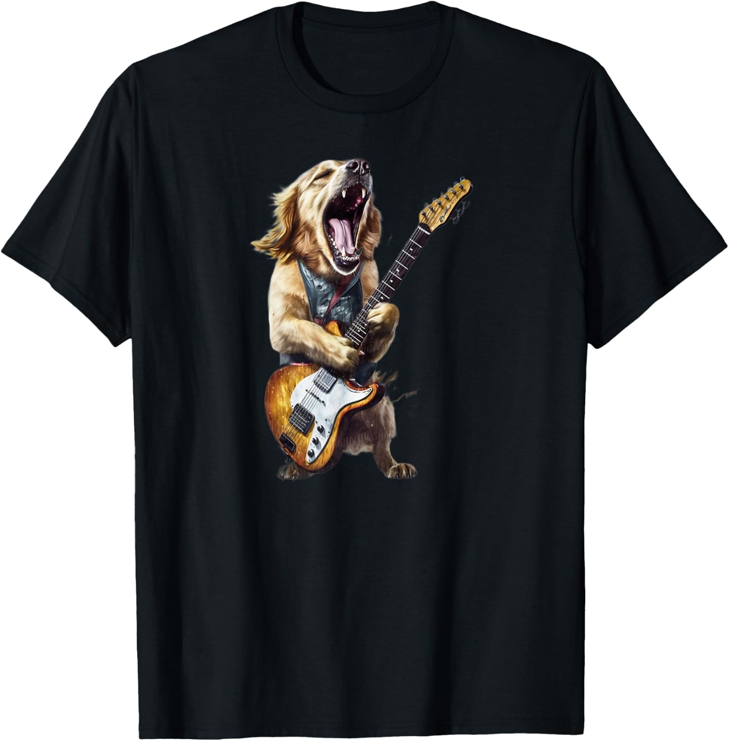 Golden Retriever Dog Playing On Electric Guitar T-Shirt - T-Shirt | Black