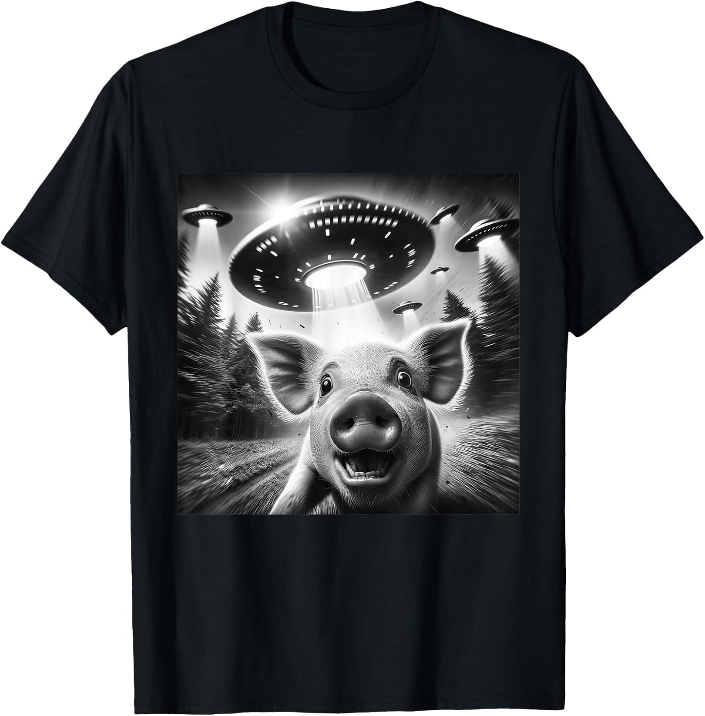 Funny Pig UFO Alien Pig Graphic Men Women T-Shirt - T-Shirt | Black