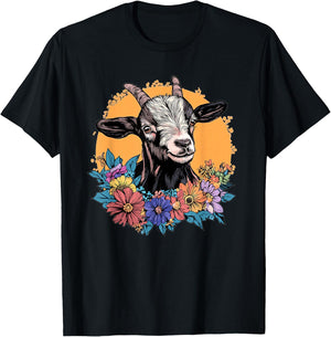 Cute Goat With Flowers I Goat T-Shirt - T-Shirt | Black