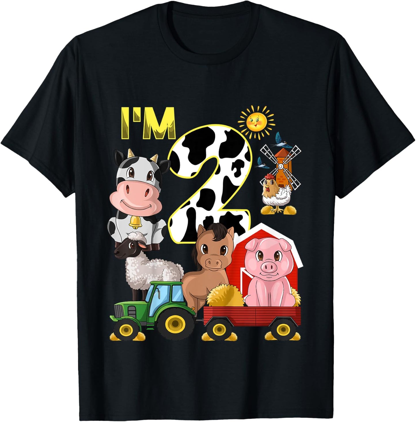 Kids Farm Animals Tractor 2nd Birthday 2 Year Old Birthday Party T-Shirt - T-Shirt | Black