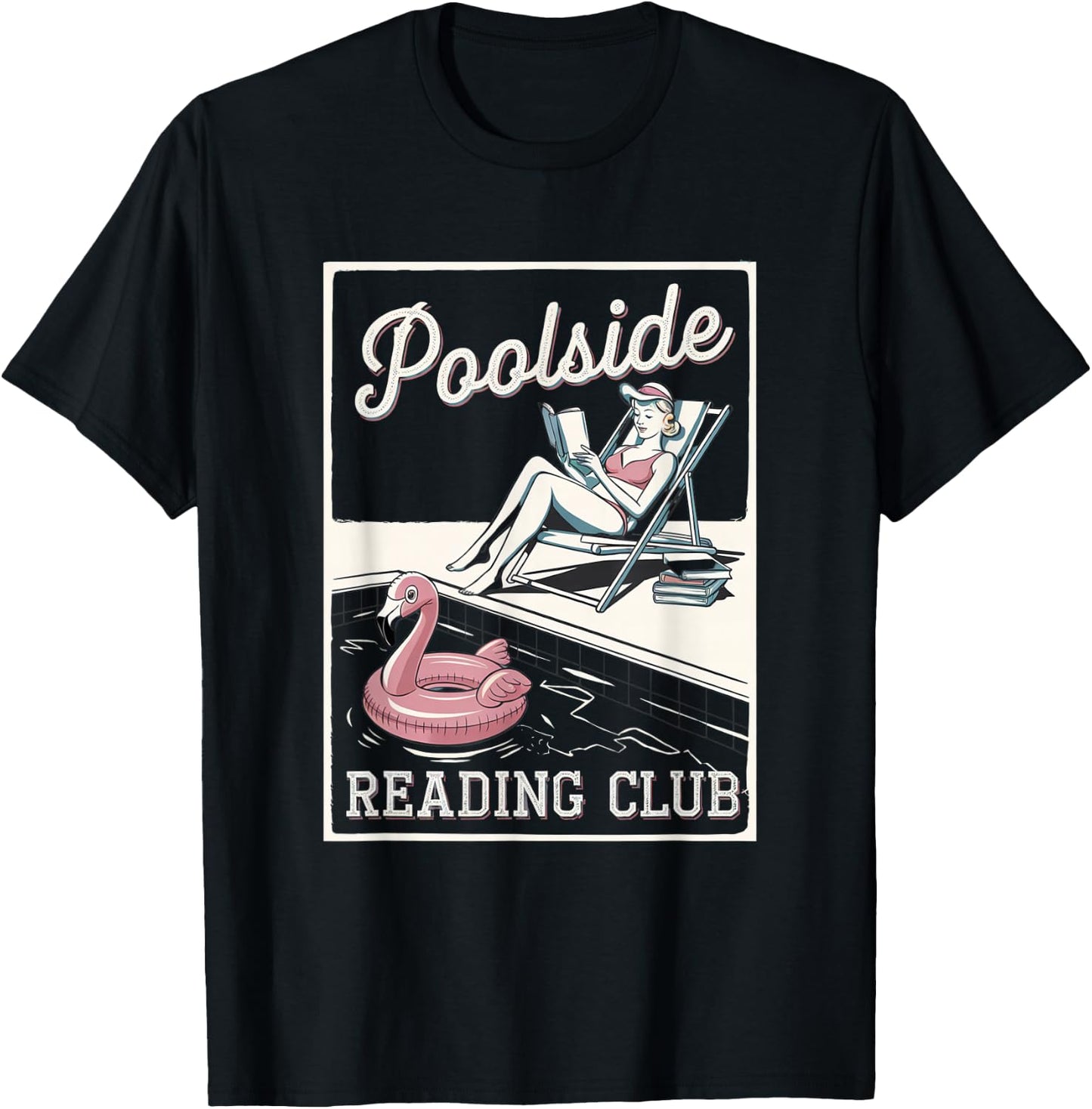 Poolside Reading Club Books Flamingo Swim Pool Inflatable T-Shirt - T-Shirt | Black