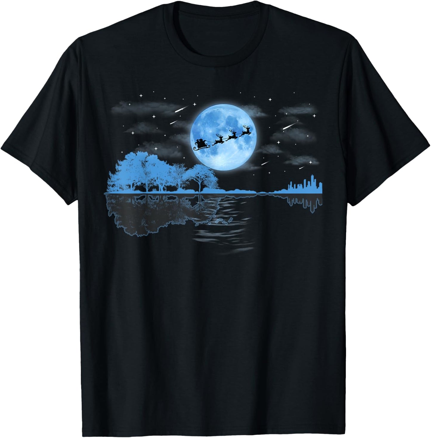 Christmas Guitar Lake Reflection Santa Claus Musician Guitar T-Shirt - T-Shirt | Black