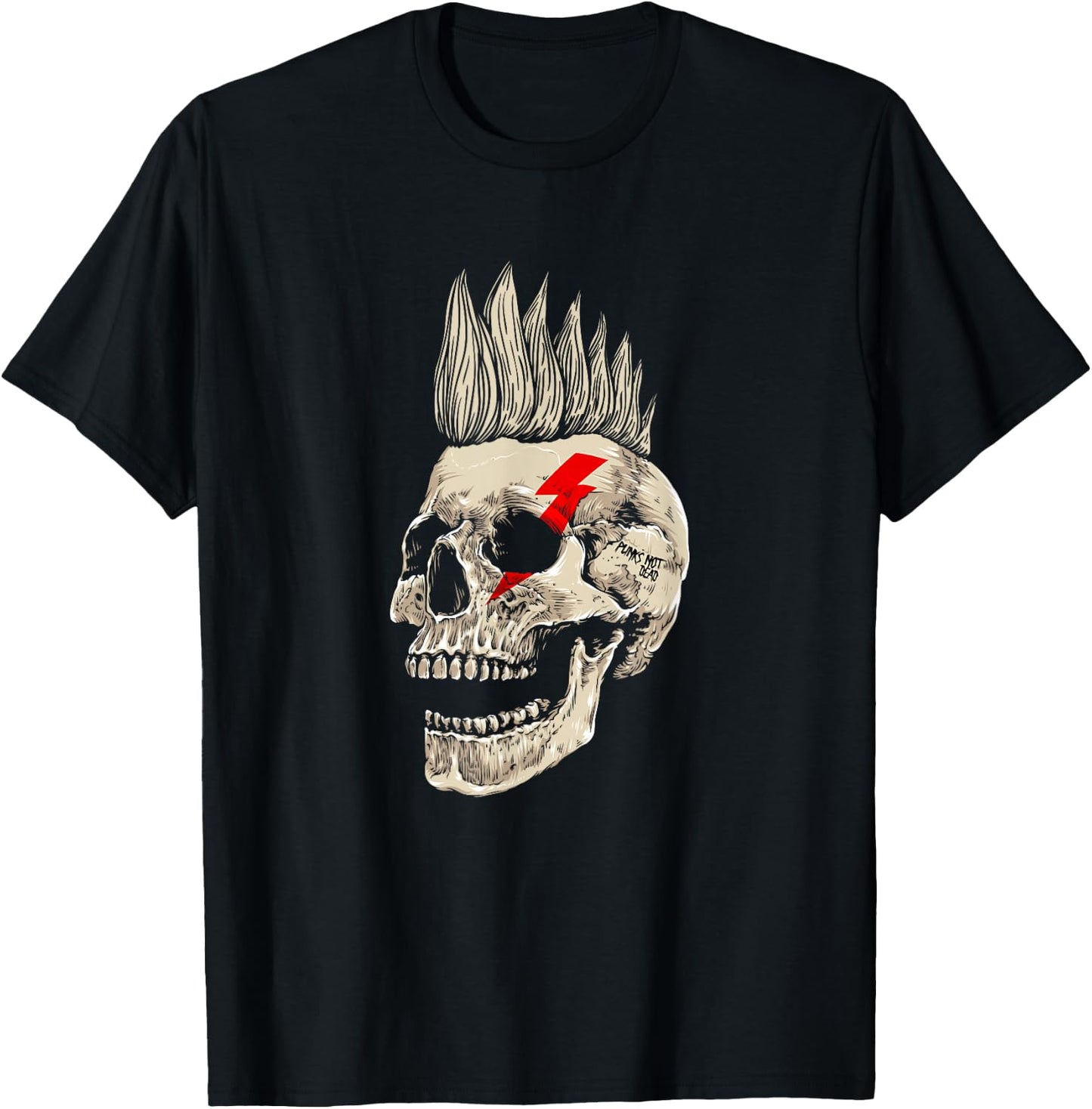 Skull Style Punk Rock with Mohawk Punk Not Dead , Black, S T-Shirt - T-Shirt | Black