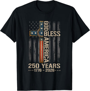 God Bless America Christian Cross Flag 250 Years 1776 2026 T-Shirt - T-Shirt | Black