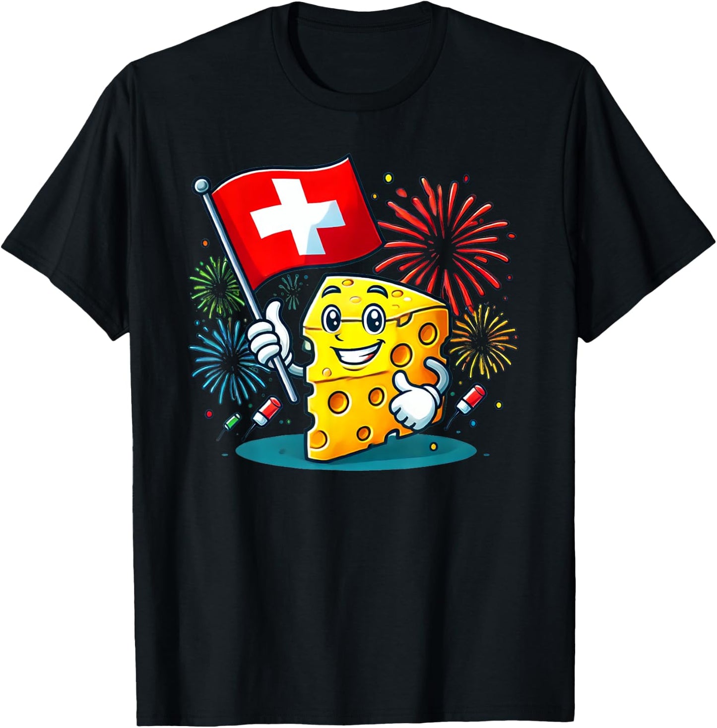 Beautiful Swiss Cheese Cartoon Switzerland National Day T-Shirt - T-Shirt | Black