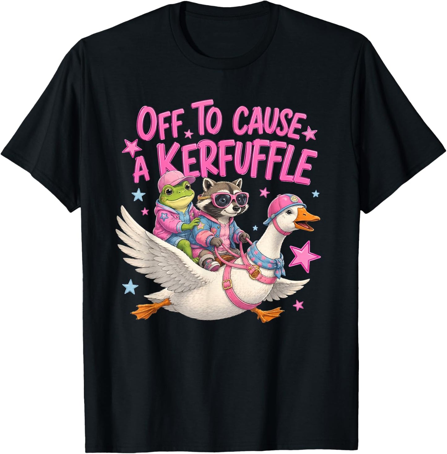 Off to Cause A Kerfuffle Frog Raccoon Riding Goose T-Shirt - T-Shirt | Black