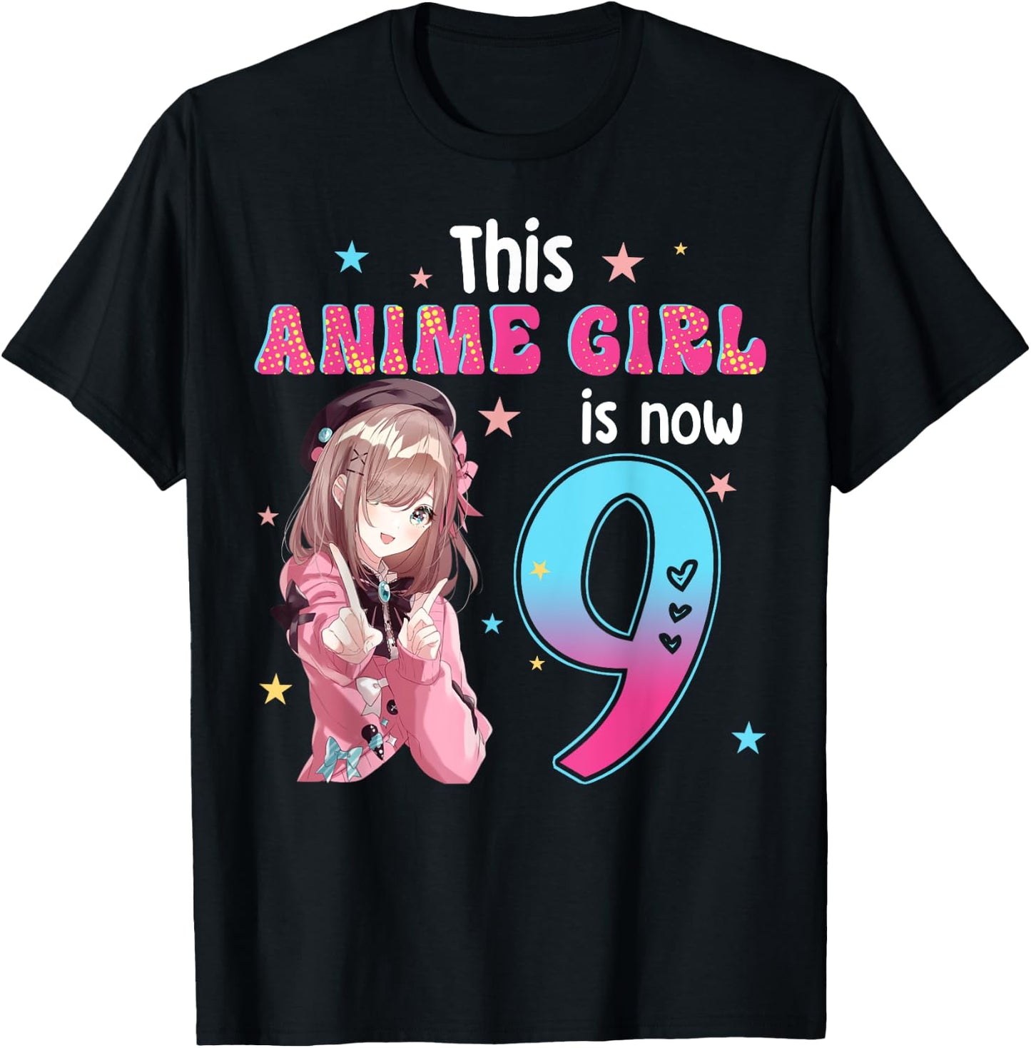 9 Years Old Girl Kawaii Gifts Anime Girl 9th Birthday Kids , black, s T-Shirt - T-Shirt | Black