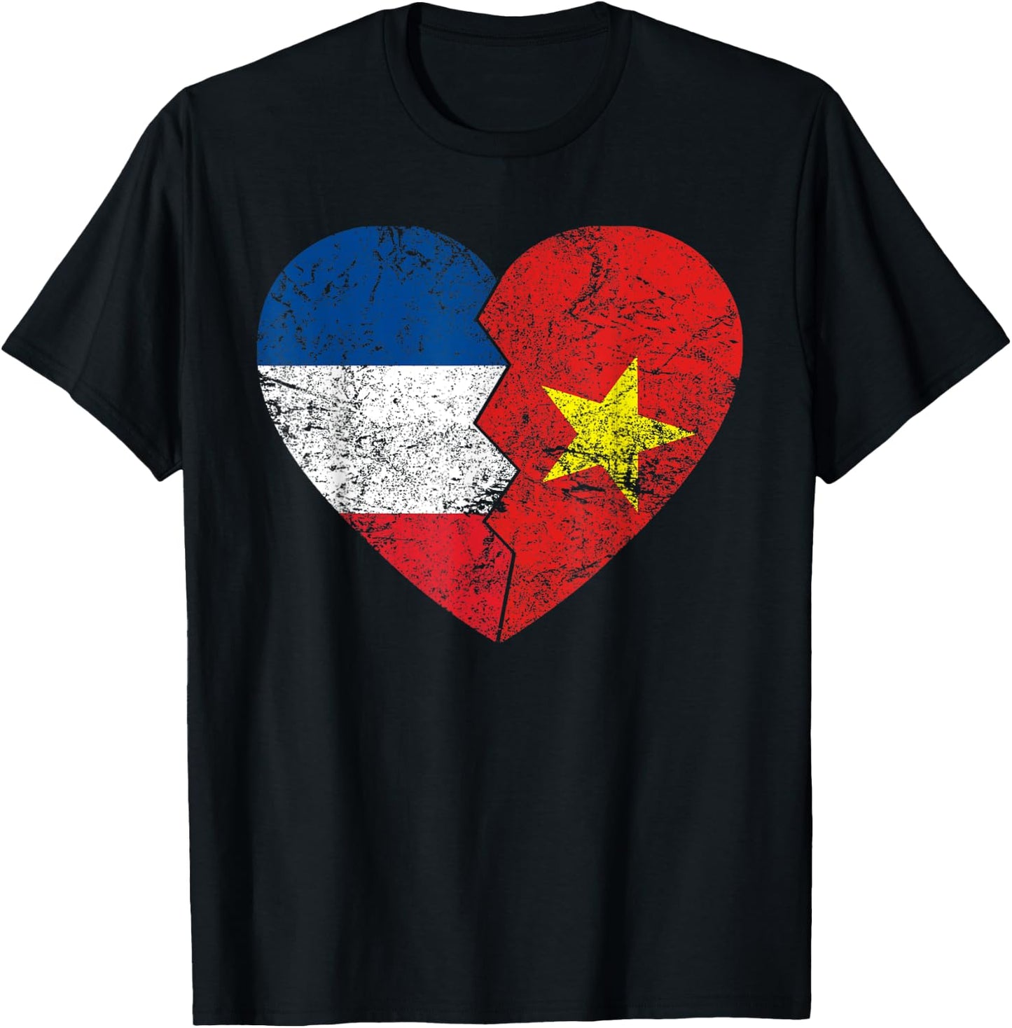 Vietnamese Flag Heart | France Vietnam Roots Vintage , Black, S T-Shirt - T-Shirt | Black