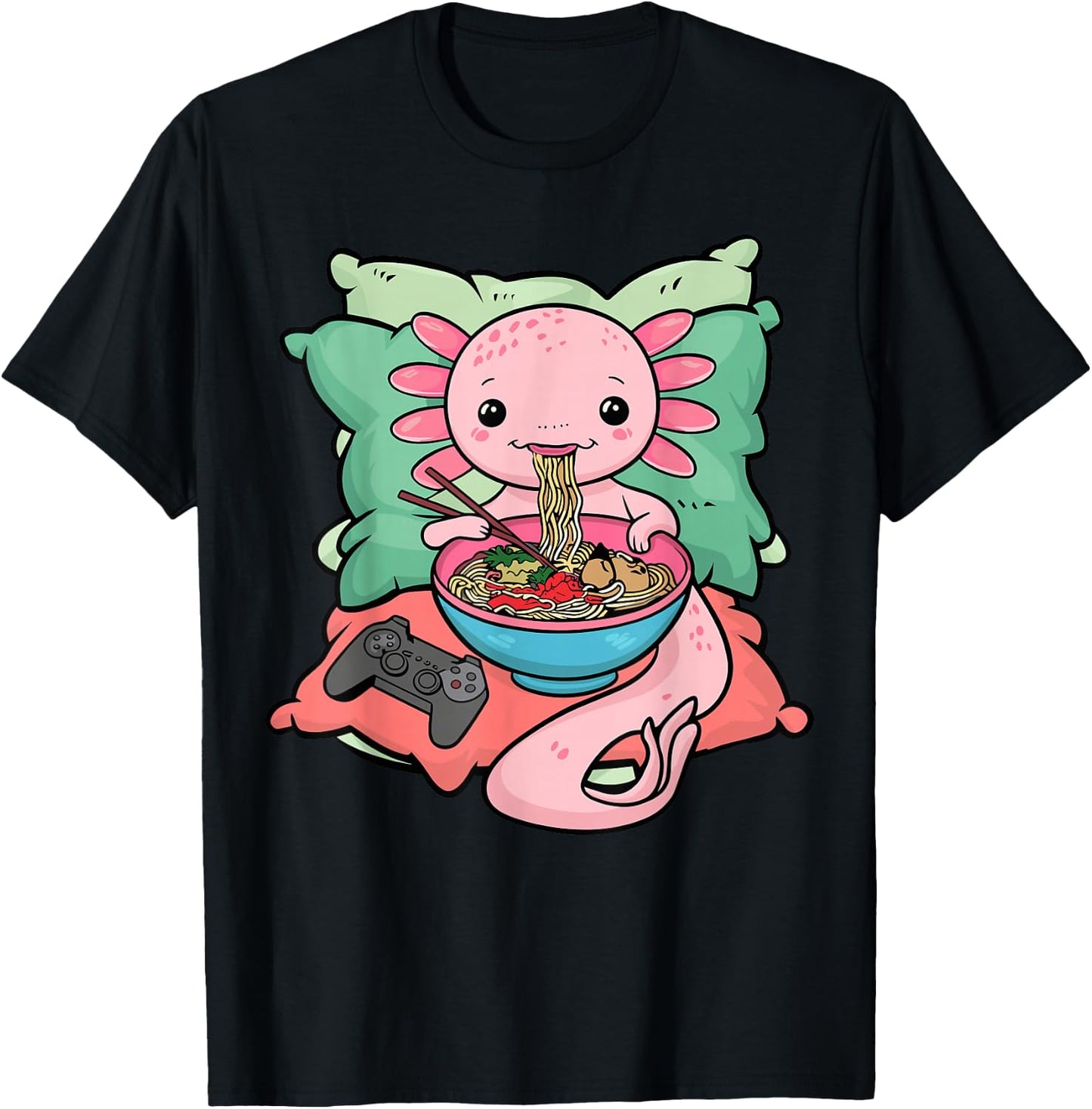 Axolotl Ramen Eating Gamer Axolotl T-Shirt - T-Shirt | Black