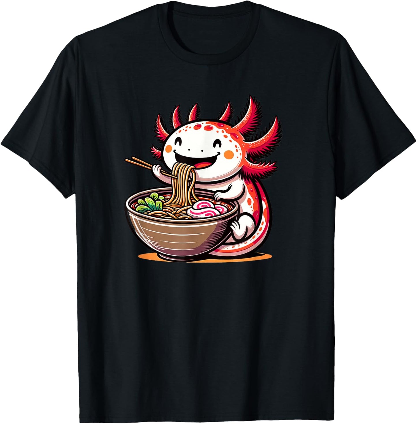 Kawaii Axolotl Eating Ramen Noodles Anime Kids Girls Teens T-Shirt - T-Shirt | Black