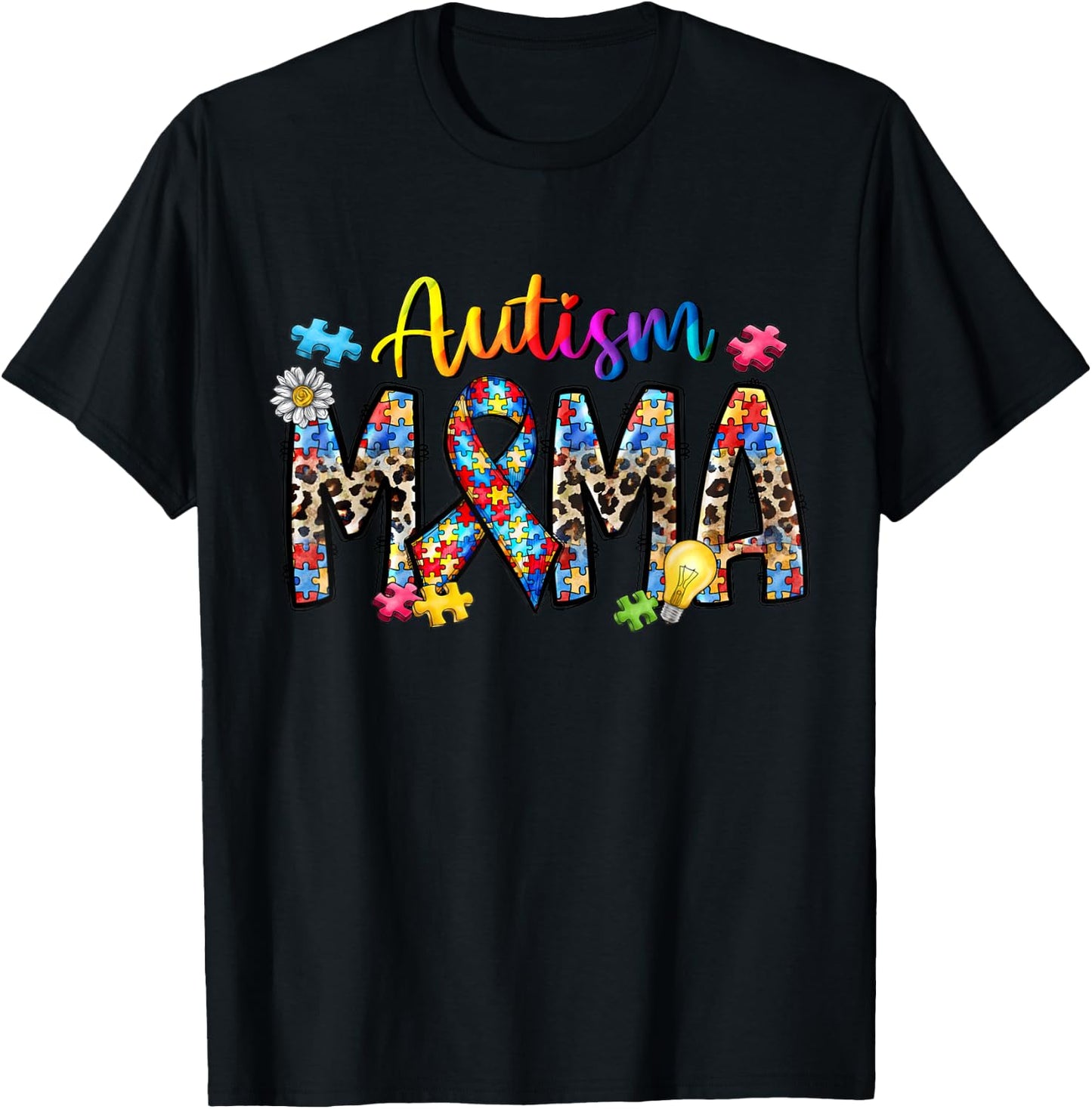 Autism Mama Ribbon Awesome Leopard Autism Mom Awareness T-Shirt - T-Shirt | Black