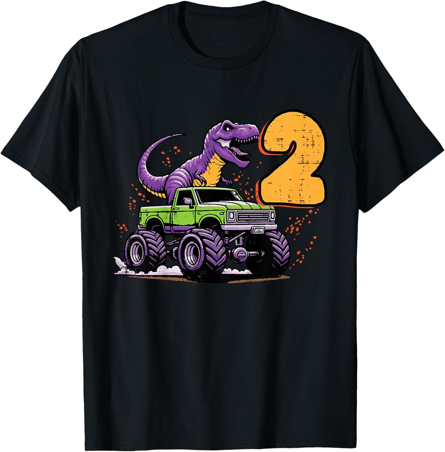 Kids 2nd Birthday Dino On Monster Truck 2 Year Old Trex Boys Kids T-Shirt - T-Shirt | Black
