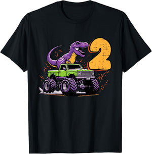 Kids 2nd Birthday Dino On Monster Truck 2 Year Old Trex Boys Kids T-Shirt - T-Shirt | Black
