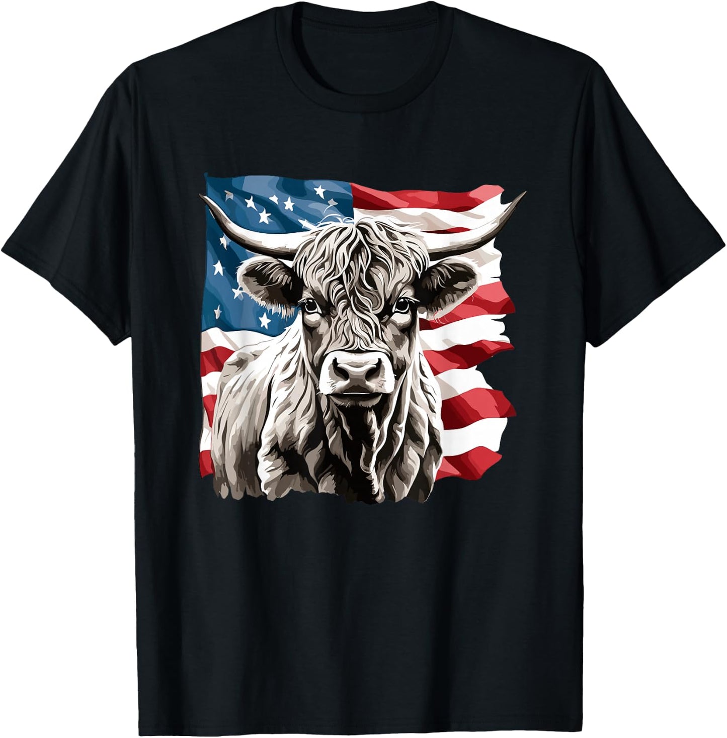 Cow USA FLag Cute Highland Cow Lover Farmer Cow Owner T-Shirt - T-Shirt | Black