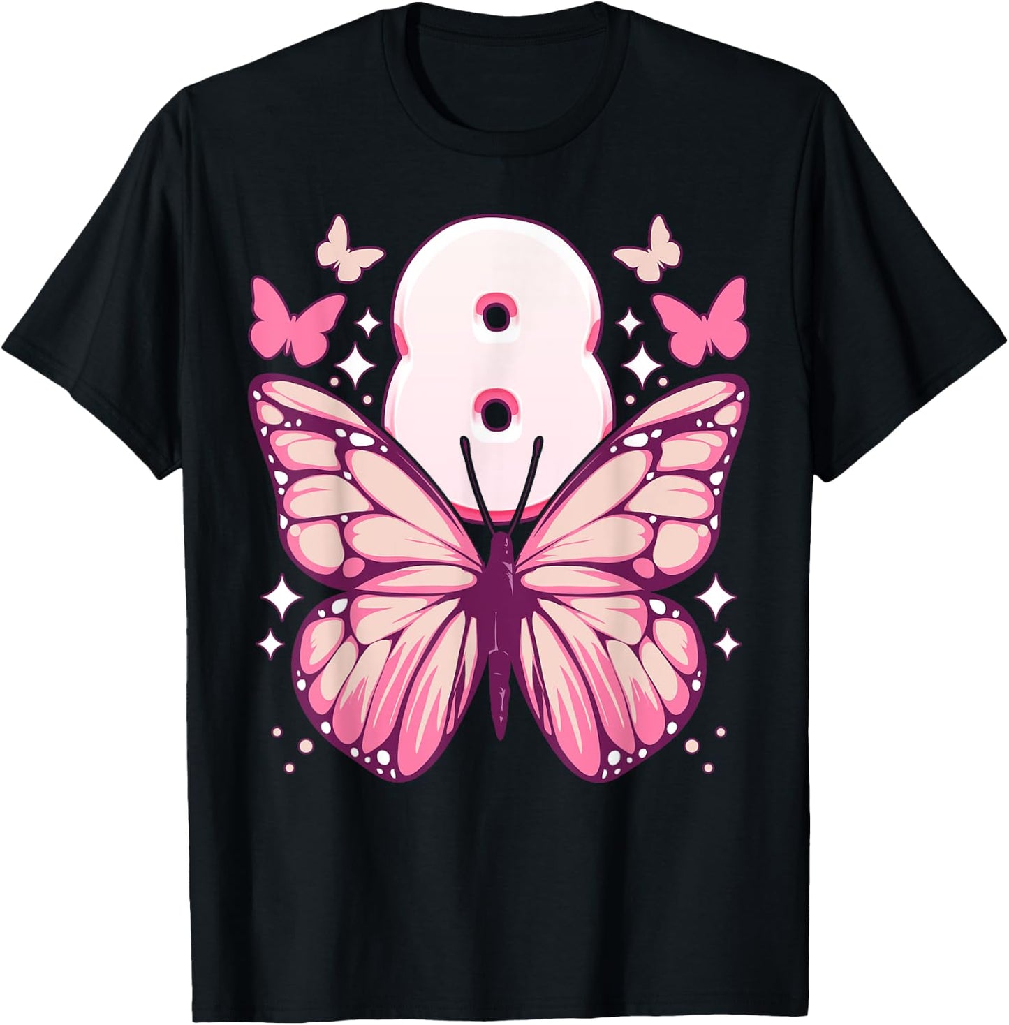Geburtstag Mädchen 8 Jahre, Schmetterlinge und Nummer 8 T-Shirt - T-Shirt | Black