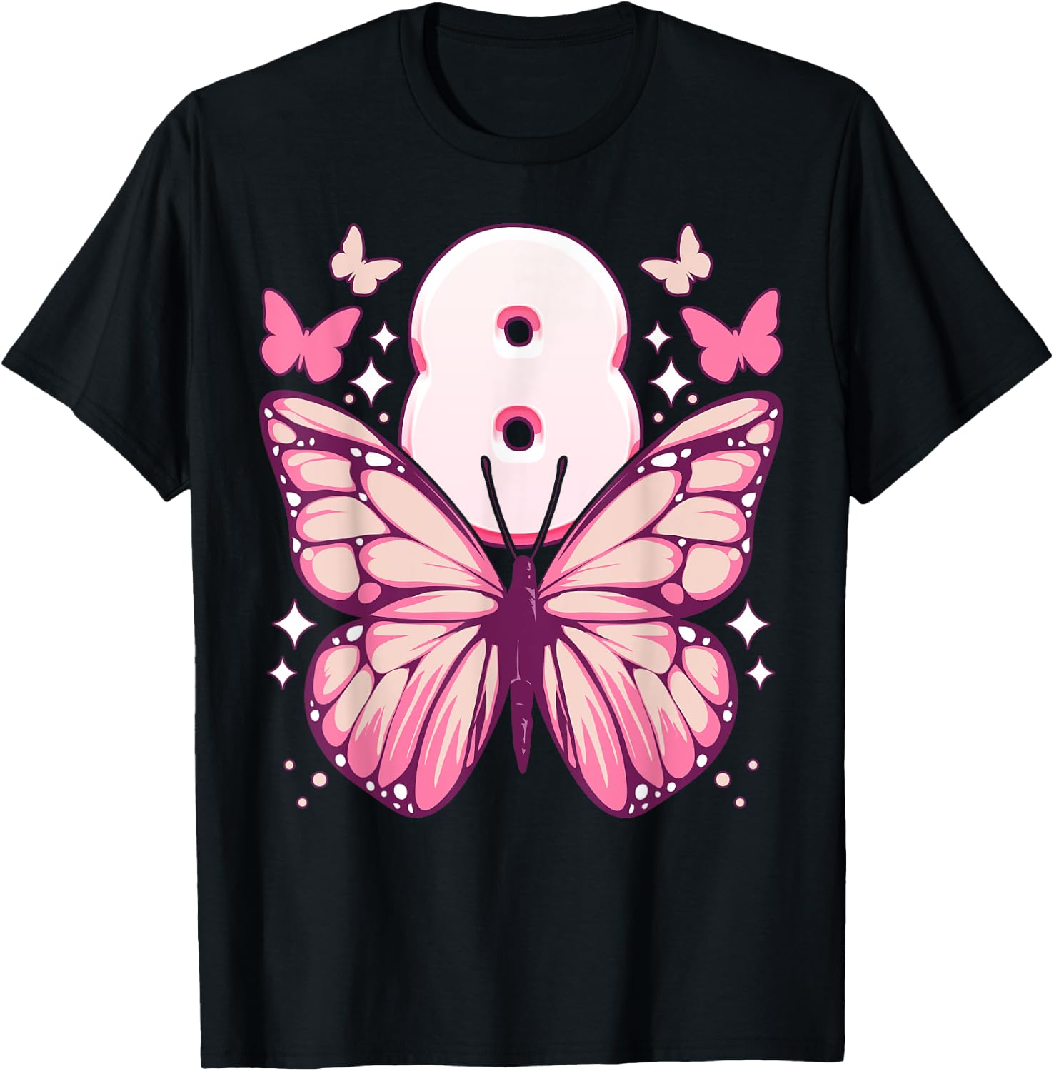 Geburtstag Mädchen 8 Jahre, Schmetterlinge und Nummer 8 T-Shirt - T-Shirt | Black
