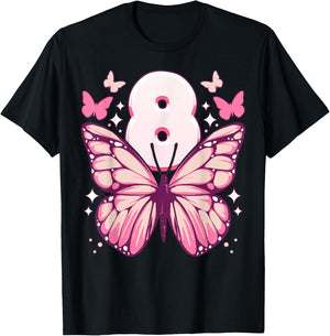 Geburtstag Mädchen 8 Jahre, Schmetterlinge und Nummer 8 T-Shirt - T-Shirt | Black
