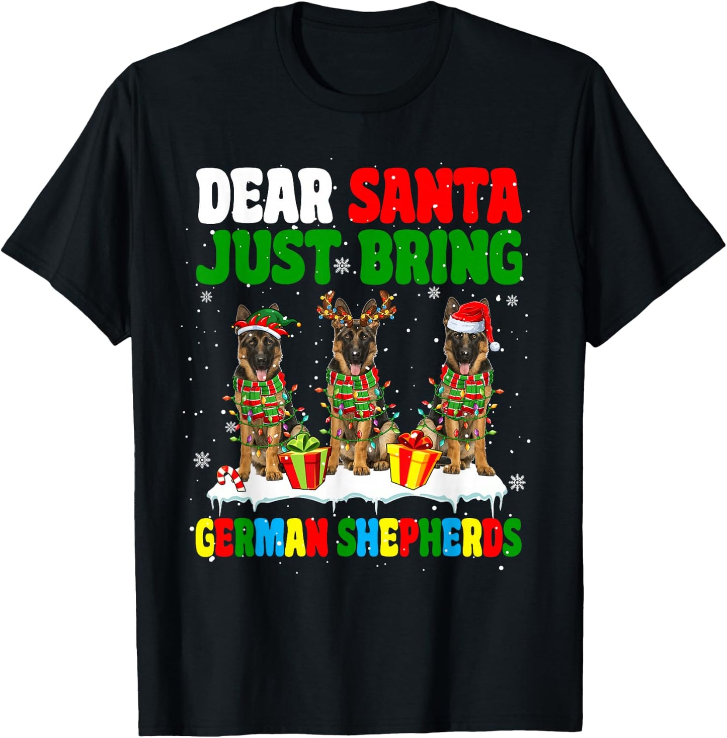 Just Bring German Shepherds Xmas Three Santa Reindeer Dogs T-Shirt - T-Shirt | Black