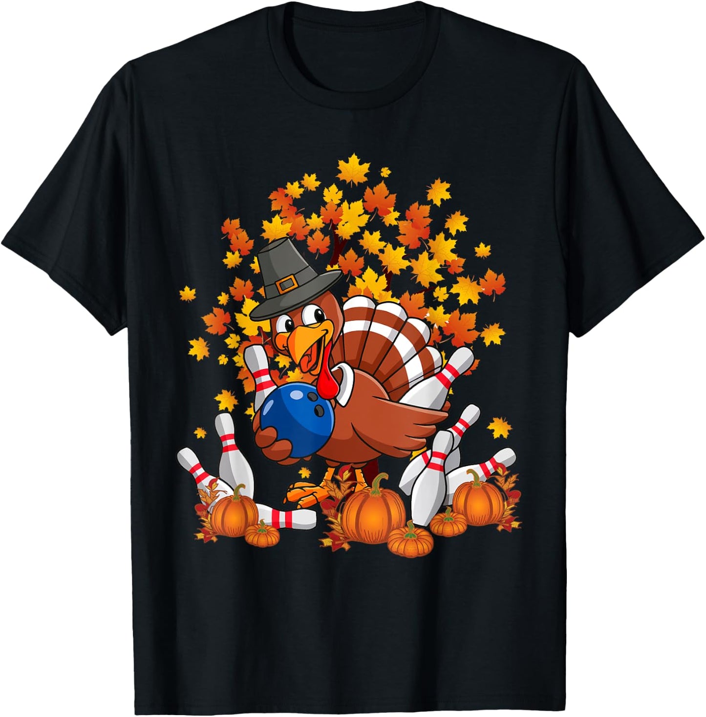 Funny Turkey Autumn Fall Thanksgiving Bowling Lovers T-Shirt - T-Shirt | Black