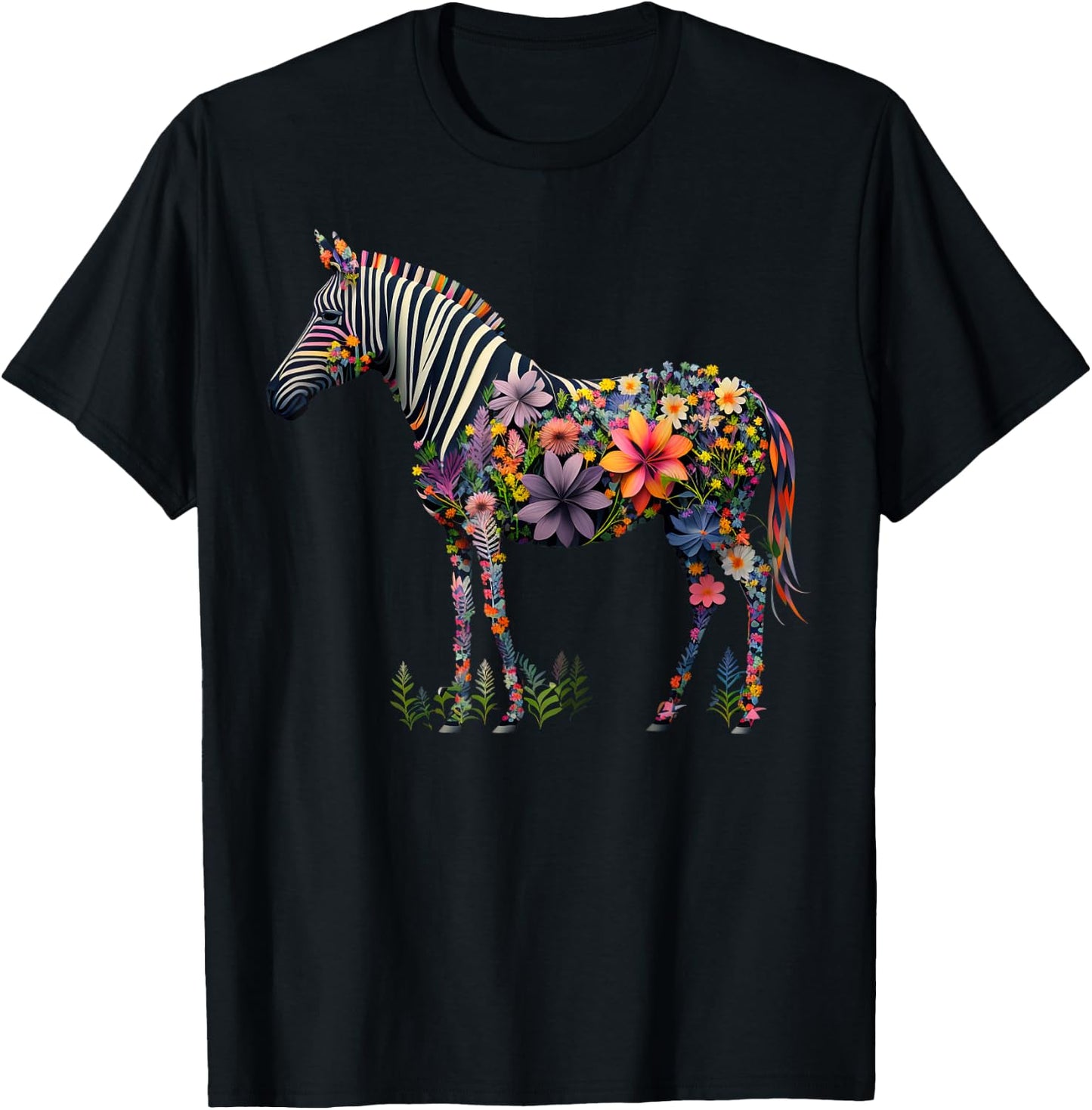 Cute Flower Zebra on summer Floral Zebra Men Women Kids T-Shirt - T-Shirt | Black