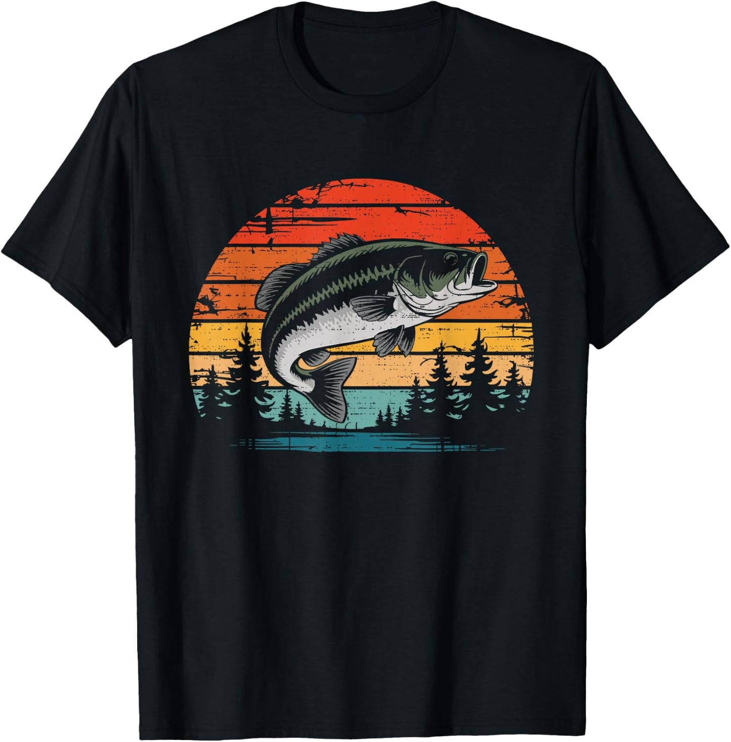 Retro Vintage Sunset Bass Fish Fishing Fisherman Fish Lover T-Shirt - T-Shirt | Black