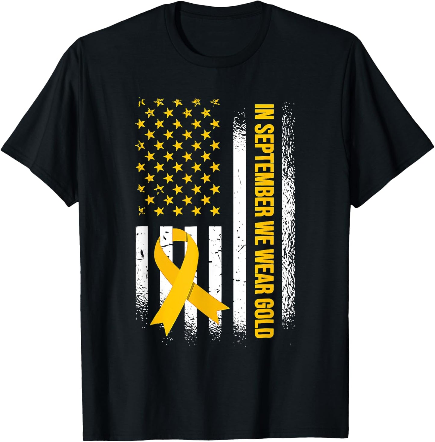 US Flag In September We Wear Gold Childhood Cancer Awareness T-Shirt - T-Shirt | Black