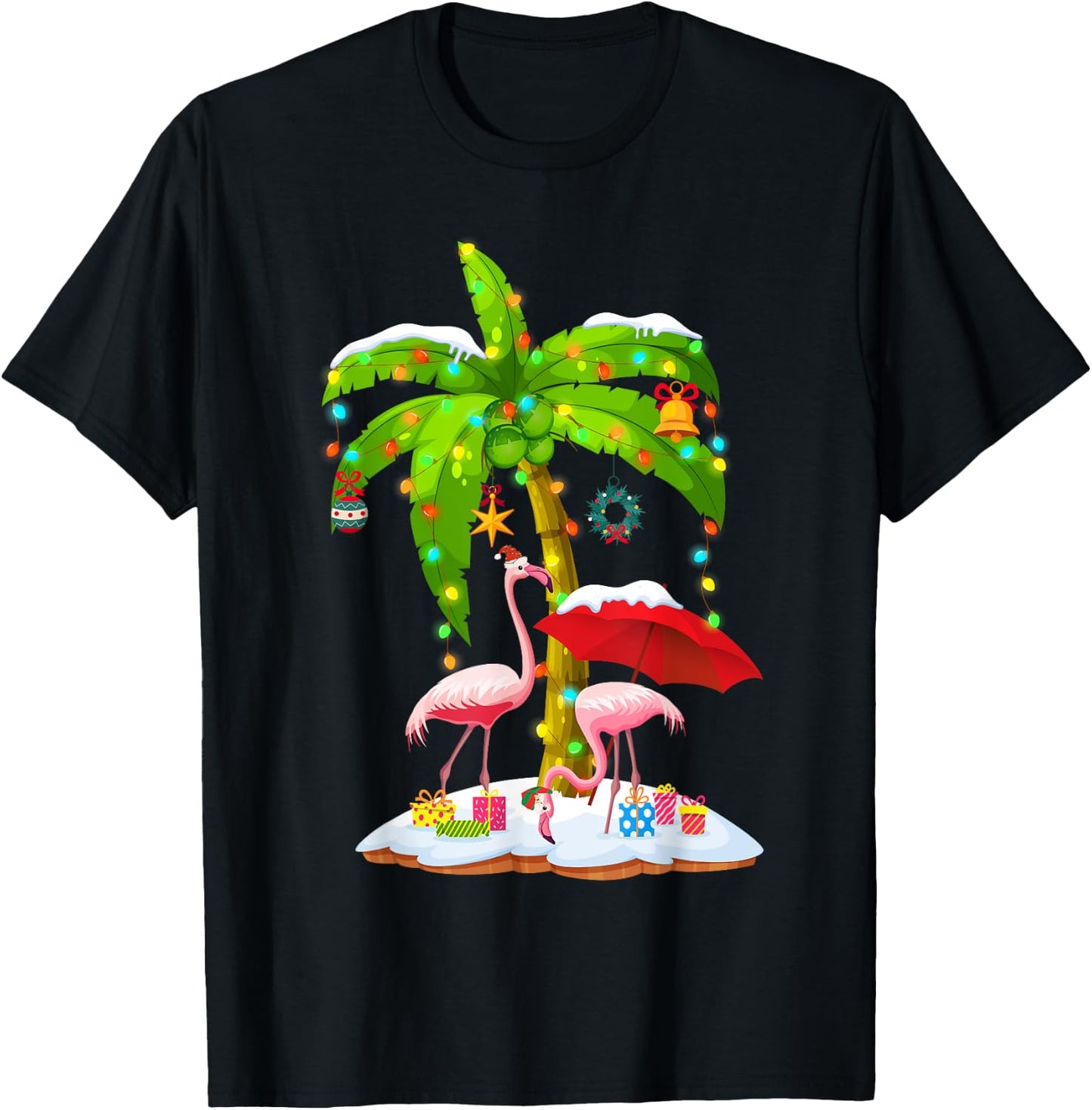 Flamingo Santa hat Palm tree Merry Christmas lights T-Shirt - T-Shirt | Black