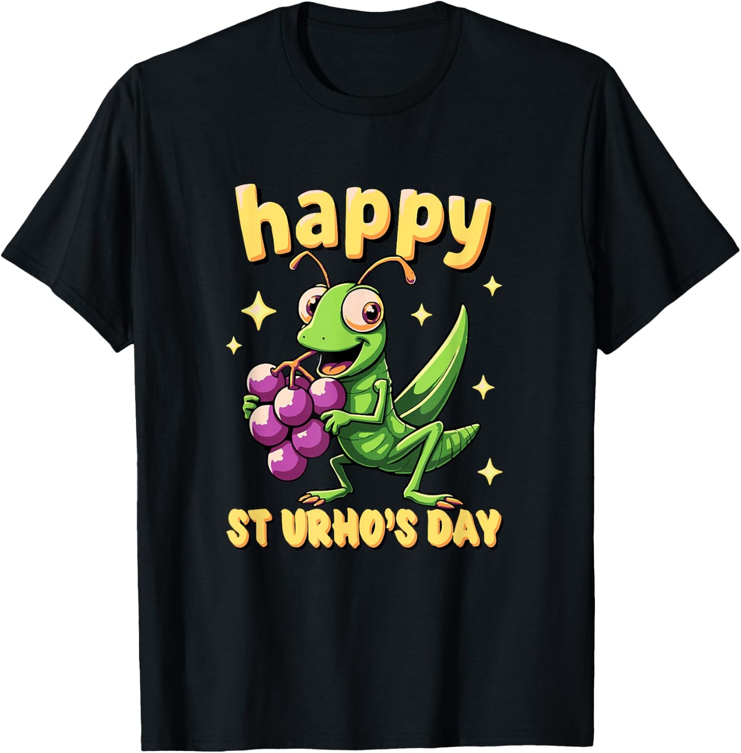 St Urhos Day Grasshopper Grapes Vineyard Cartoon Style T-Shirt - T-Shirt | Black
