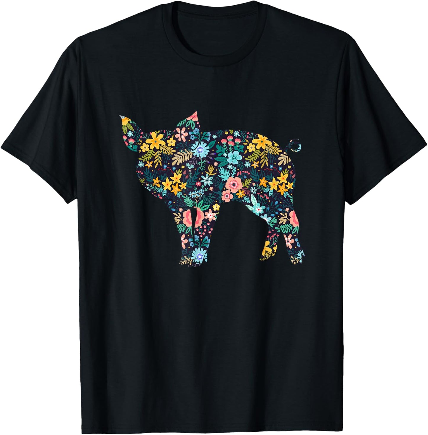 Floral Piglet Silhouette Girls Graphic Pig T-Shirt - T-Shirt | Black