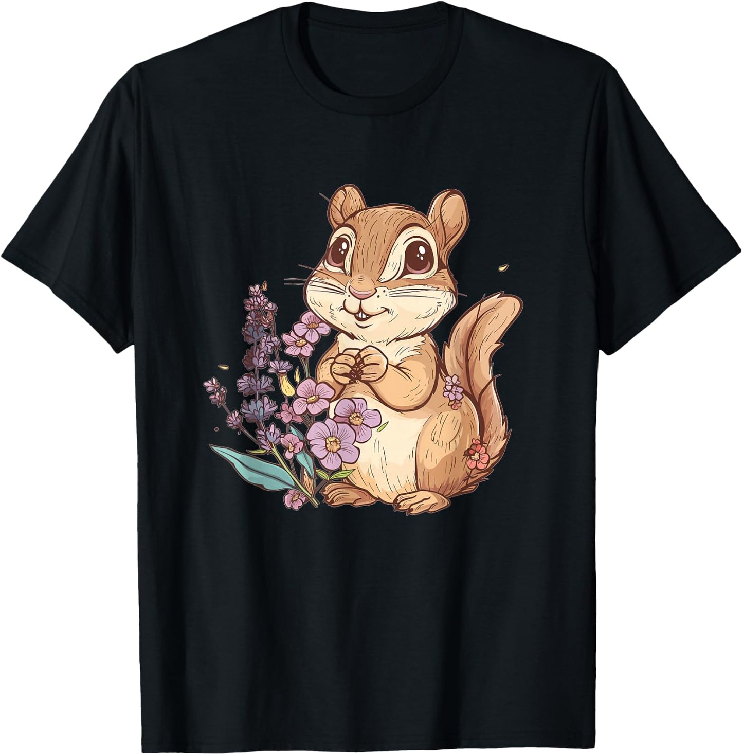 Cute Chipmunk With Flowers I Kids Chipmunk T-Shirt - T-Shirt | Black