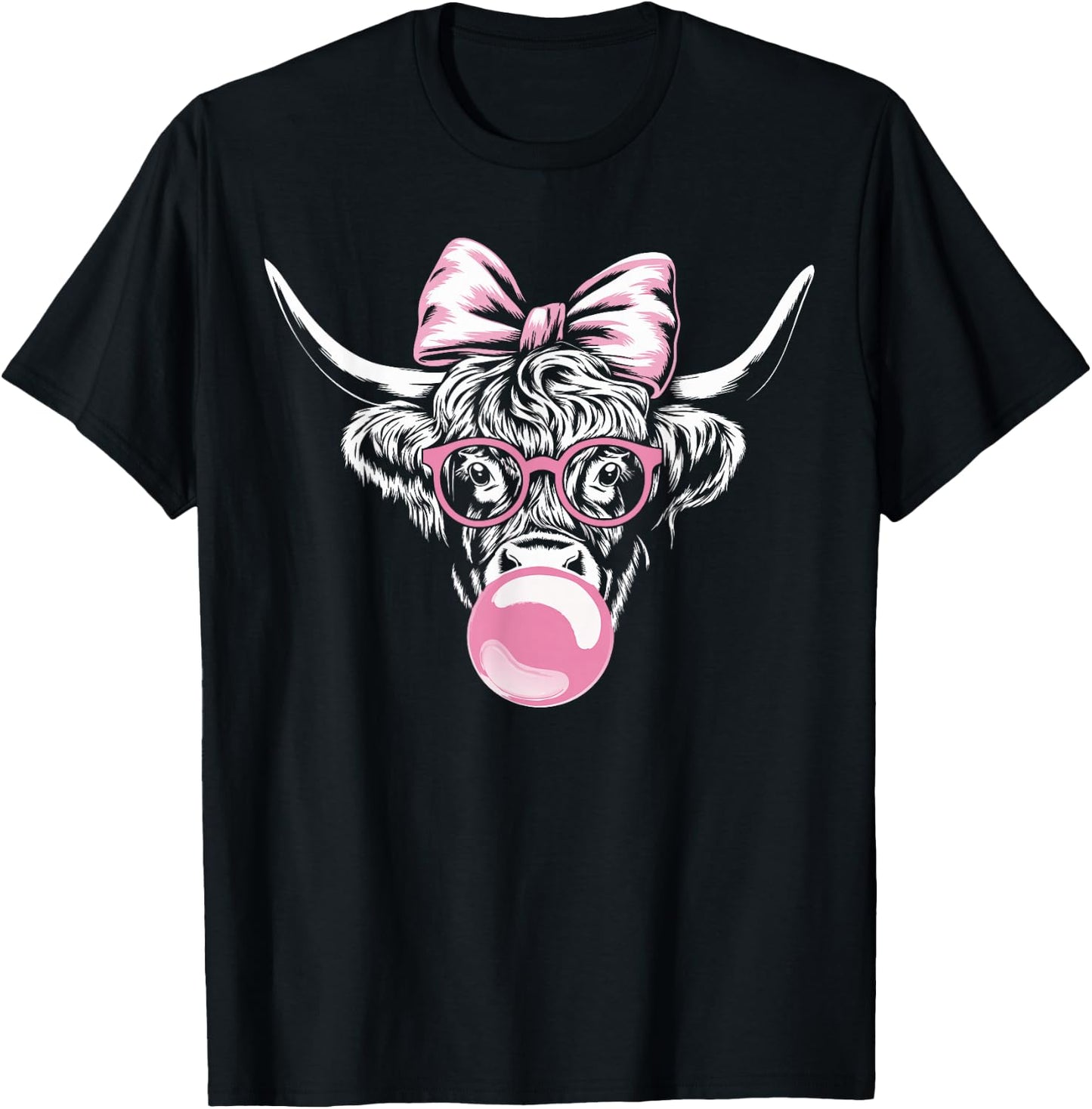 Highland Cow Wearing Glasses and Blowing Pink Bubble Gum T-Shirt - T-Shirt | Black