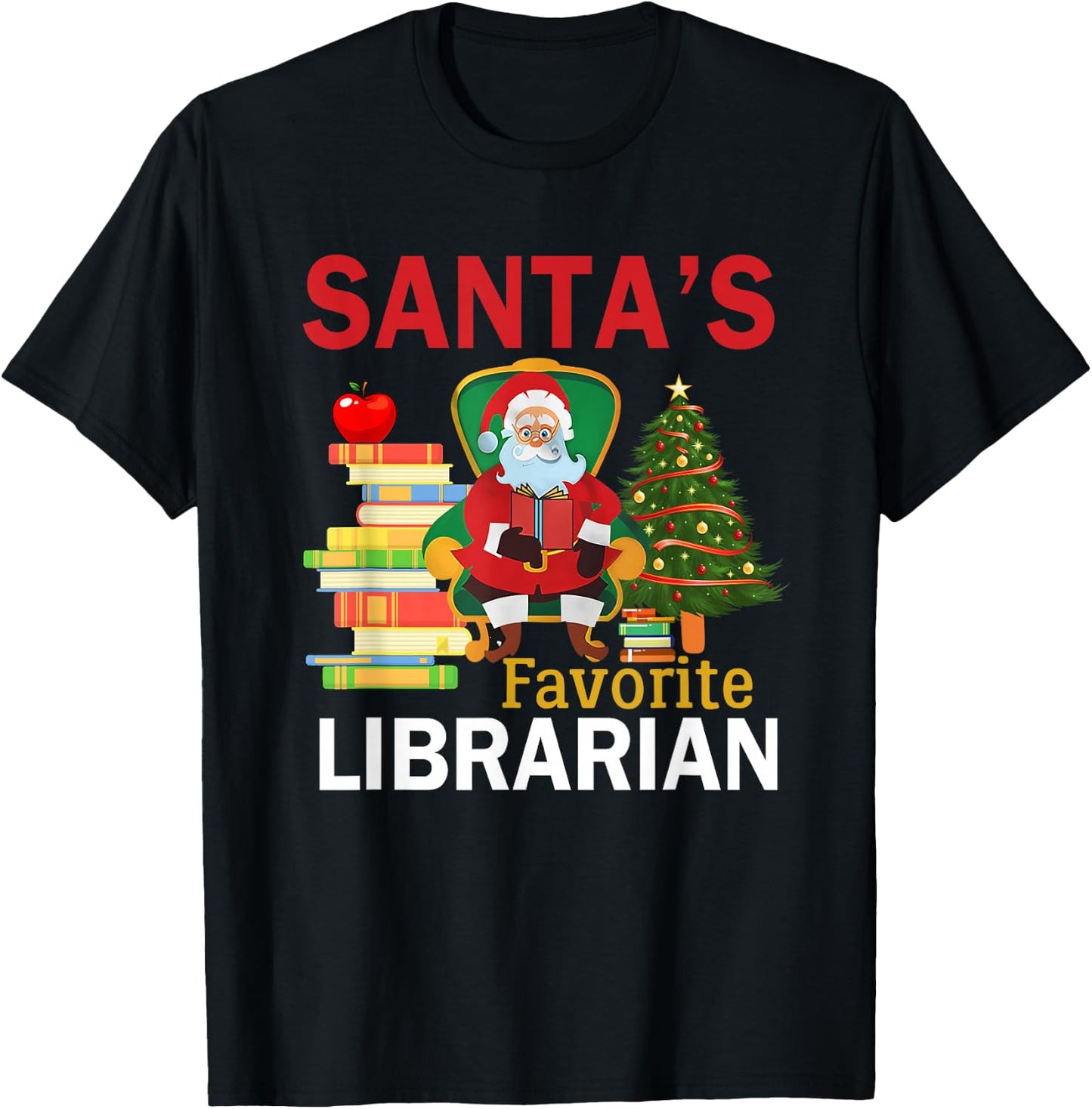 Santa's Favorite Librarian Books Christmas Tree T-Shirt - T-Shirt | Black