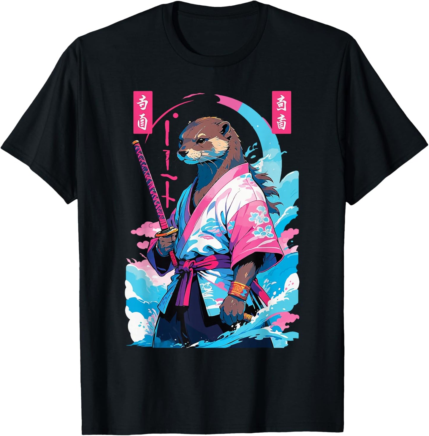 Samurai Otter in Aesthetic Vaporwave Style T-Shirt - T-Shirt | Black