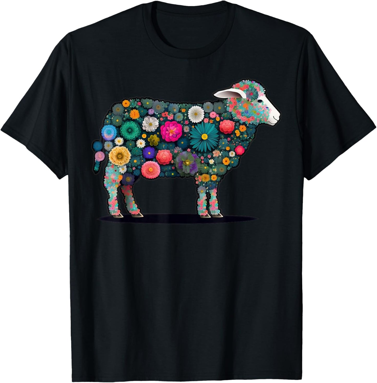 Cute Flower Sheep on summer Floral Sheep T-Shirt - T-Shirt | Black