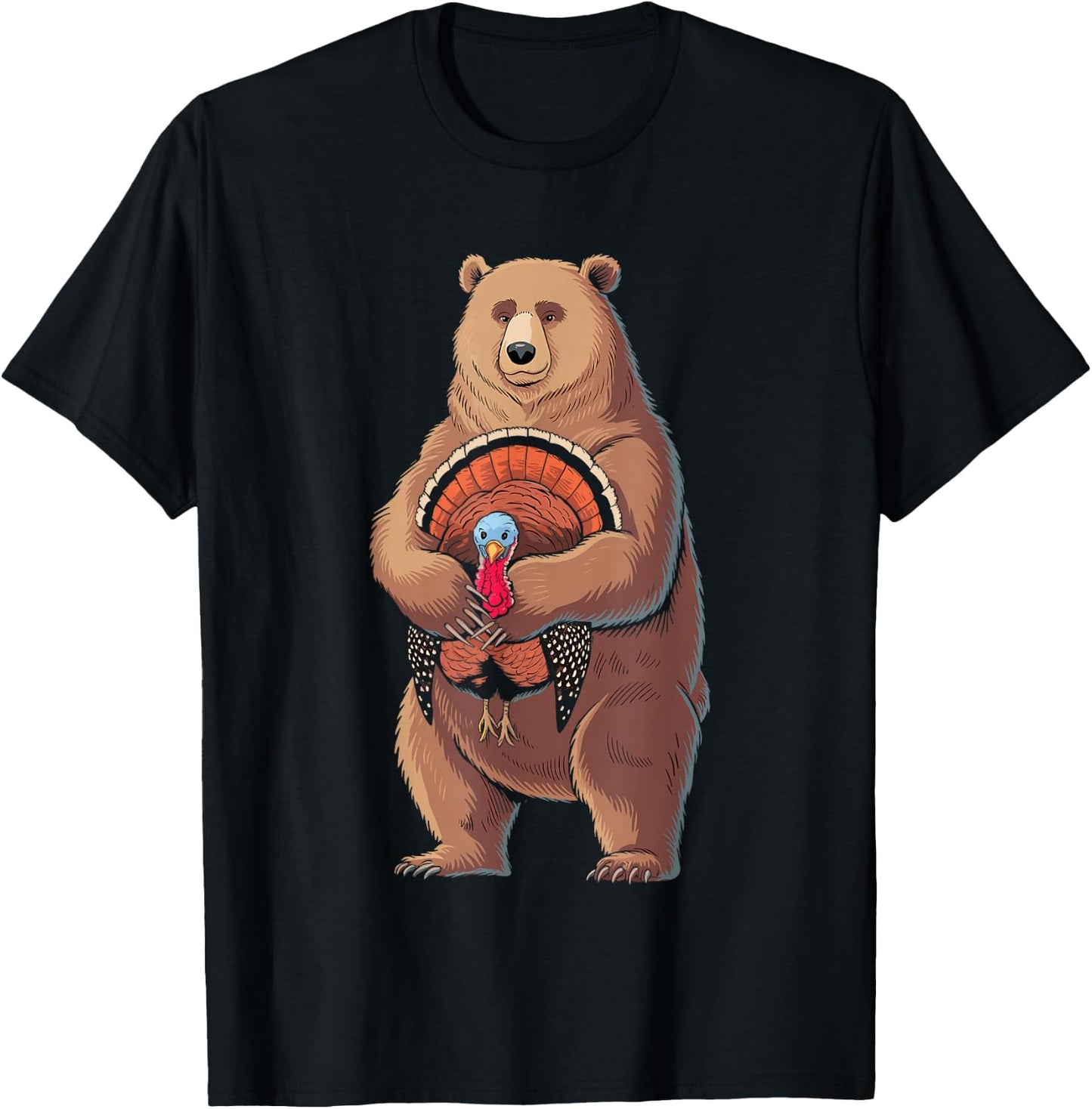 Funny Thanksgiving Bear Hugging A Turkey T-Shirt - T-Shirt | Black