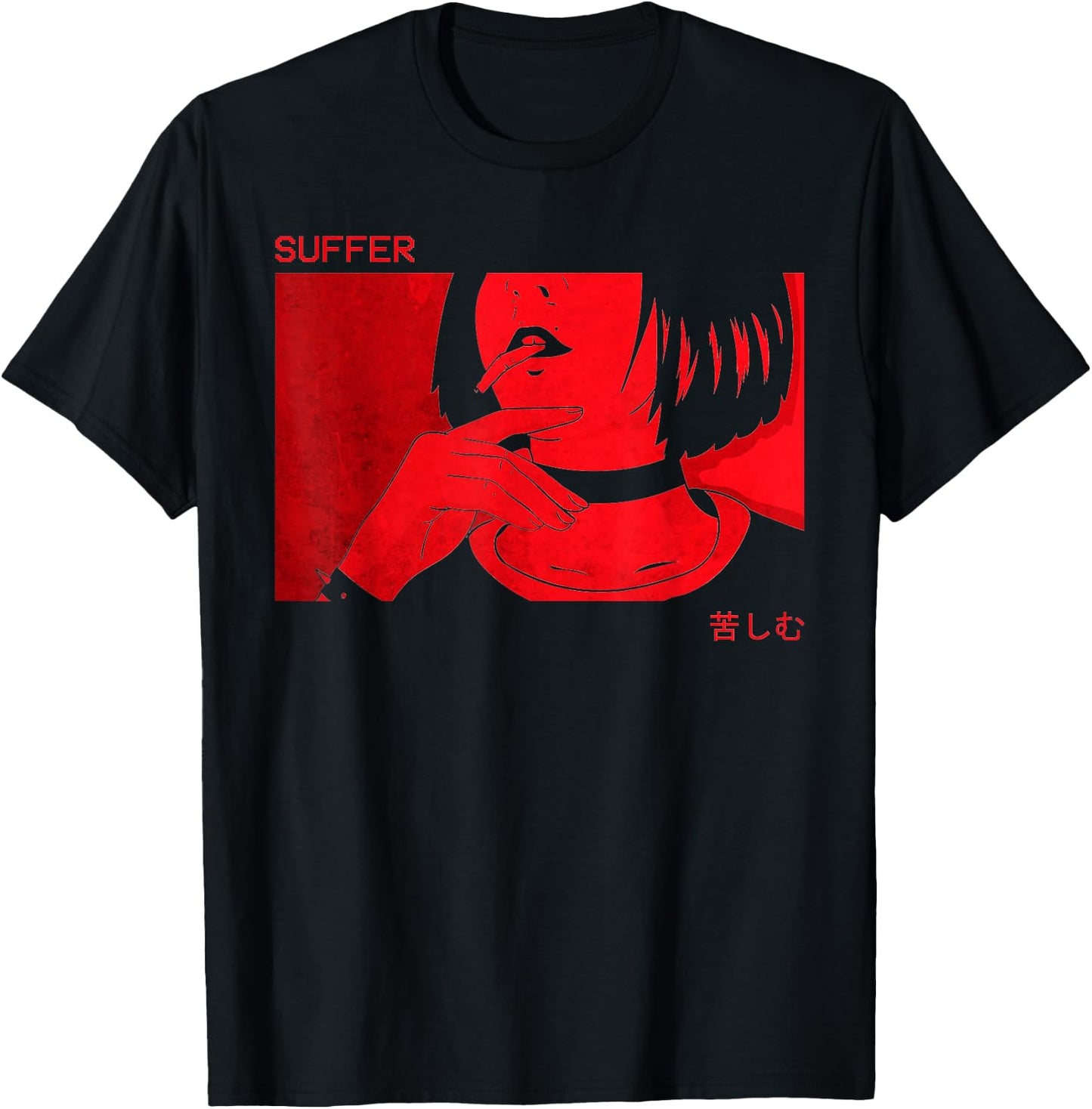 Soft Grunge Aesthetic Anime Girl Sad Goth Harajuku Suffer T-Shirt - T-Shirt | Black
