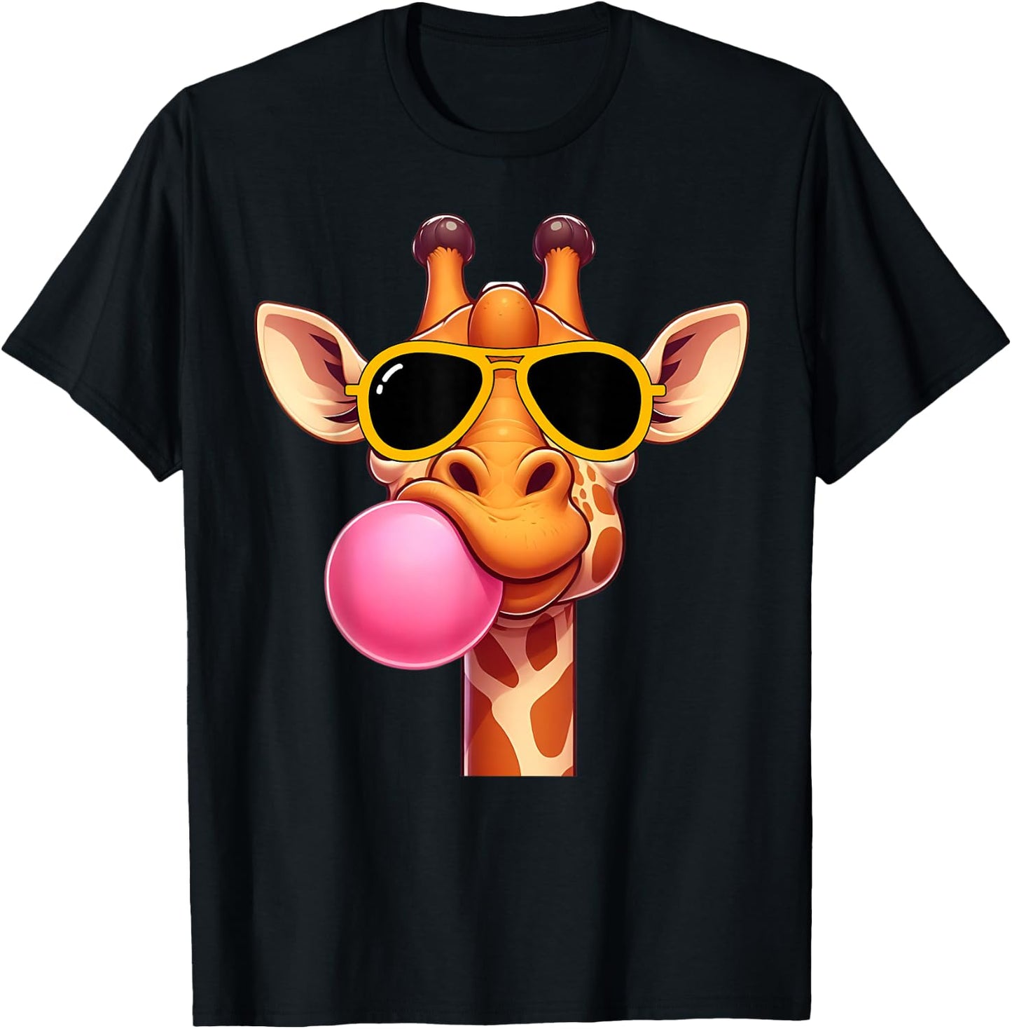 Giraffe cute Giraffe with pink Bubble Gum and Sunglasses T-Shirt - T-Shirt | Black