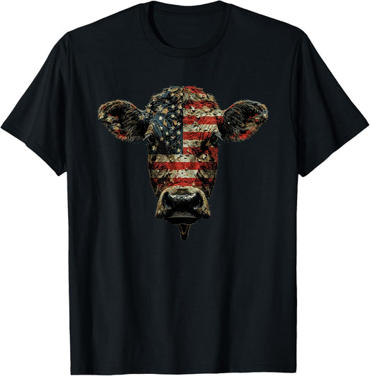 Cow Farm Patriotic Farmer 4th Of July USA American Flag Men T-Shirt - T-Shirt | Black