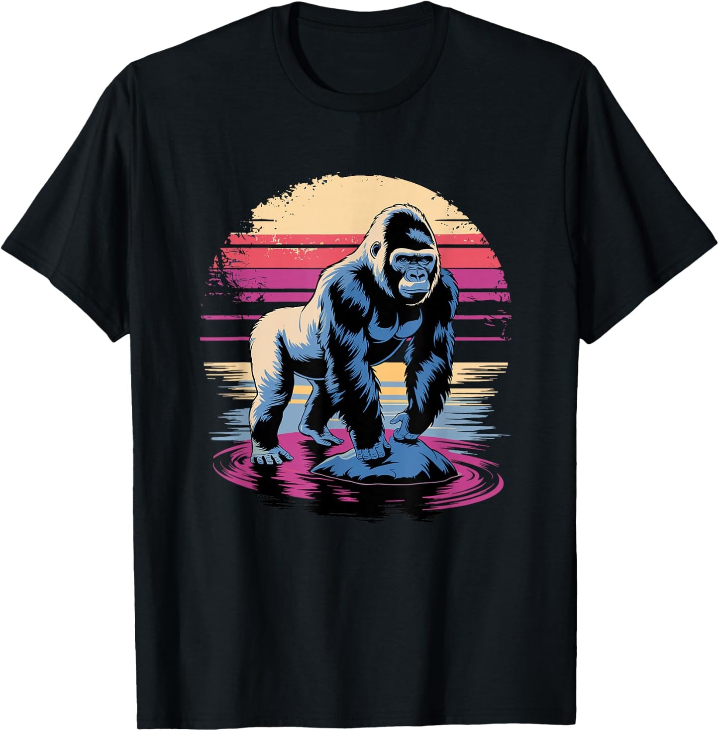 Retro Sunset Gorilla Silver Gorillas , Black, S T-Shirt - T-Shirt | Black
