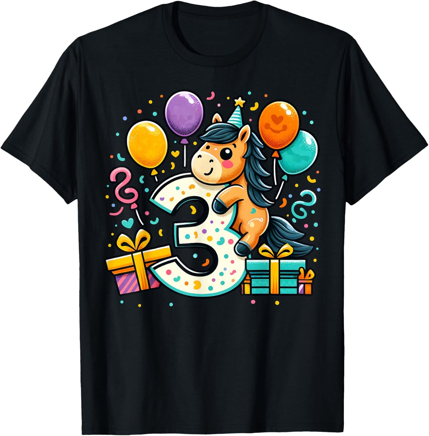 Horse 3rd Birthday Boy Girl 3 Years Old Third Three Horse , black T-Shirt - T-Shirt | Black