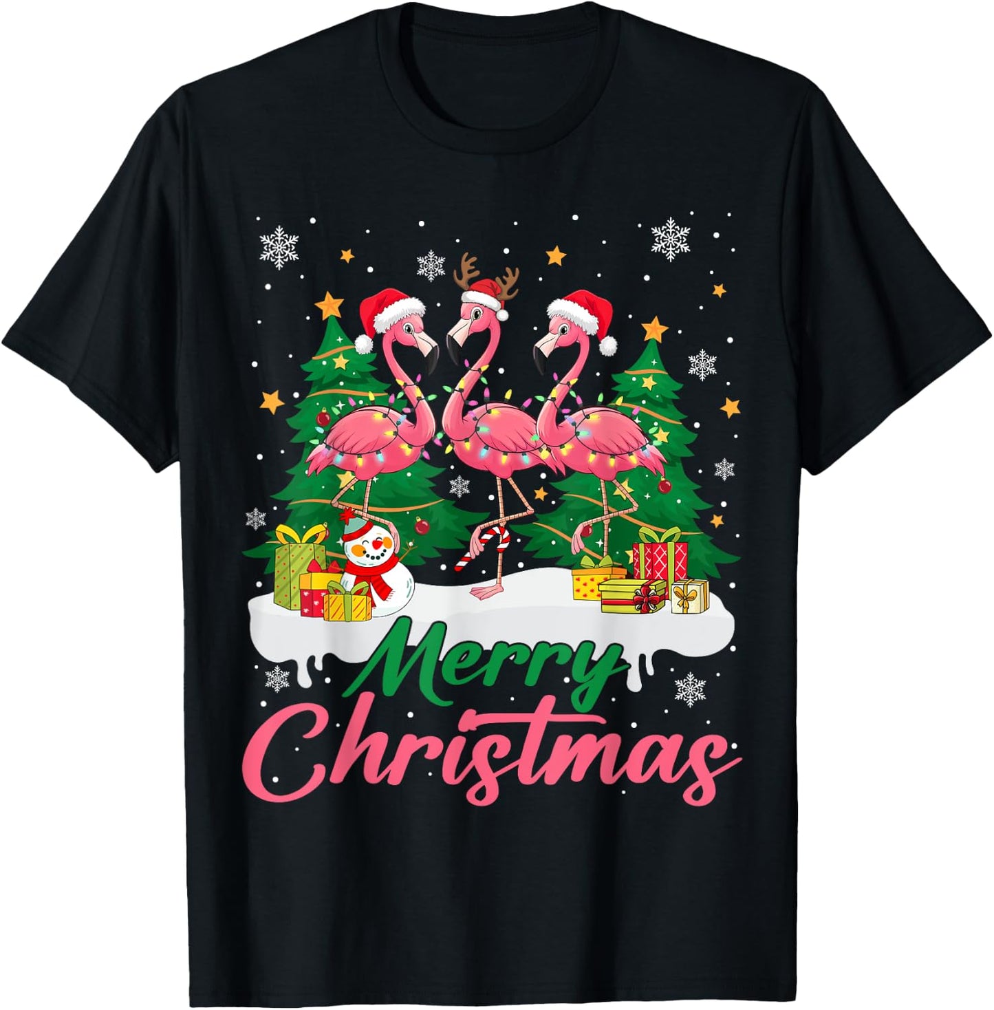 Flamingo Light Christmas Snow Merry Christmas Tree Santa T-Shirt - T-Shirt | Black